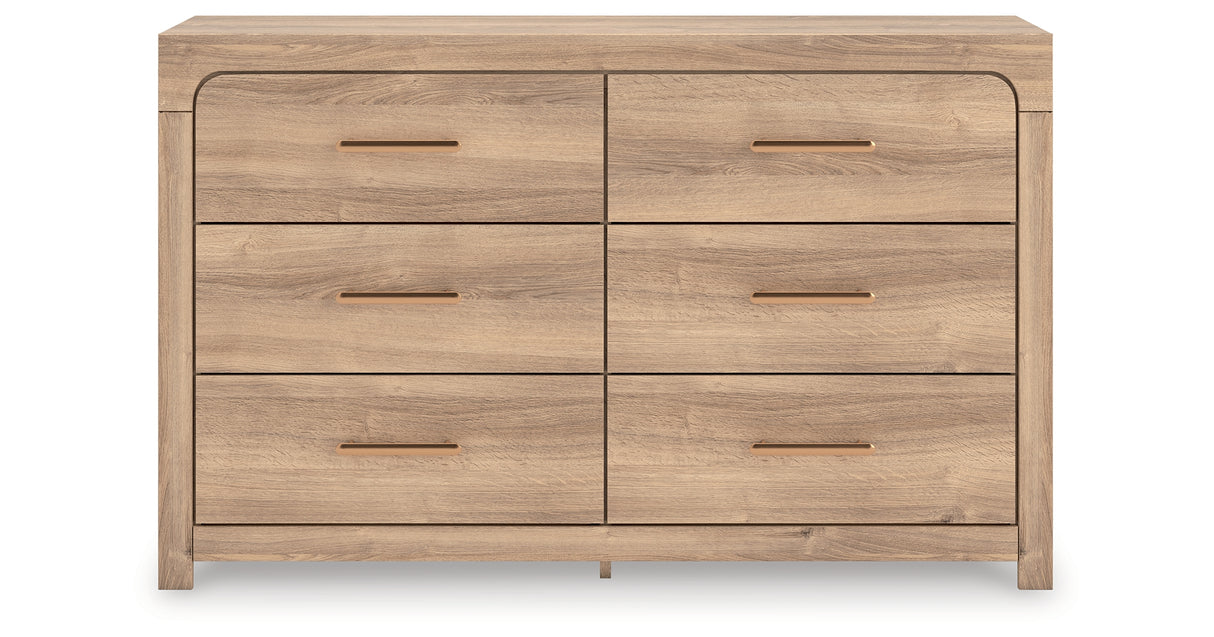 Kinlanni Queen Upholstered Panel Bed with Dresser and Nightstand in Tan from Ashley Furniture - Luna Furniture