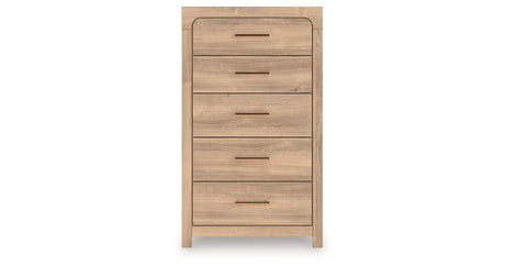 Kinlanni Queen Upholstered Panel Bed with Dresser and Chest in Tan from Ashley - Luna Furniture