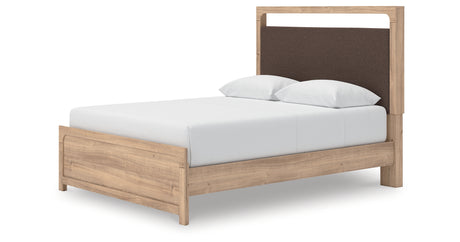 Kinlanni Queen Upholstered Platform Bed with Dresser and Chest in Tan from Ashley - Luna Furniture