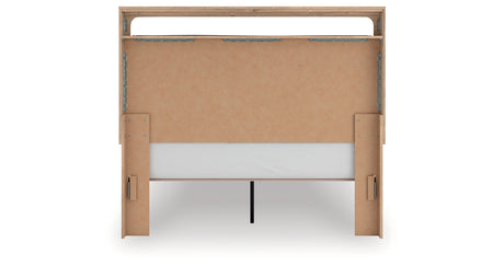 Kinlanni Queen Upholstered Platform Bed with Mirrored Dresser and Nightstand in Tan from Ashley - Luna Furniture
