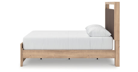 Kinlanni Queen Upholstered Platform Bed with Mirrored Dresser and Nightstand in Tan from Ashley - Luna Furniture