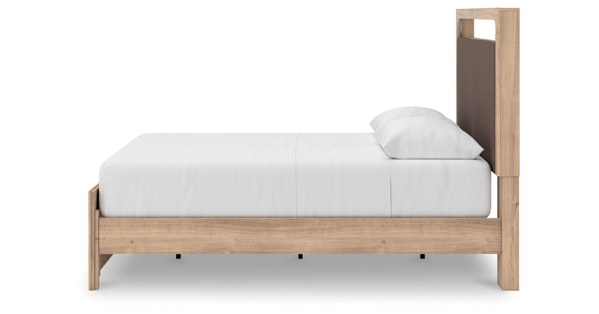Kinlanni Queen Upholstered Platform Bed with Mirrored Dresser in Tan from Ashley - Luna Furniture