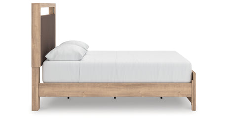 Kinlanni Queen Upholstered Platform Bed with Mirrored Dresser and Nightstand in Tan from Ashley - Luna Furniture