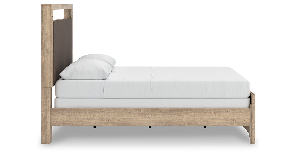 Kinlanni Queen Upholstered Panel Bed with Dresser and Nightstand in Tan from Ashley Furniture - Luna Furniture
