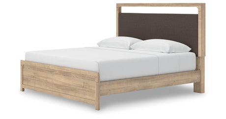Kinlanni Tan King Upholstered Platform Bed from Ashley Furniture - Luna Furniture
