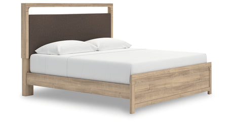 Kinlanni Tan King Upholstered Platform Bed from Ashley Furniture - Luna Furniture