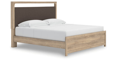 Kinlanni King Upholstered Platform Bed with Mirrored Dresser in Tan from Ashley - Luna Furniture