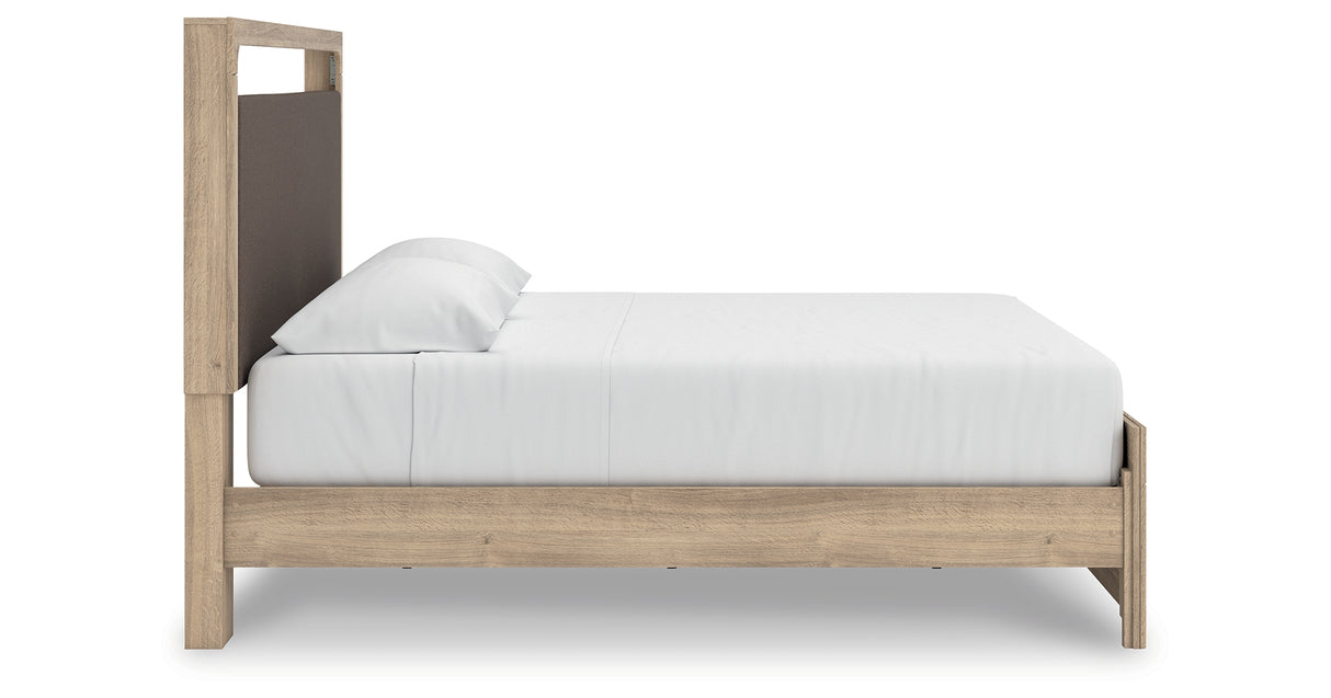 Kinlanni King Upholstered Platform Bed with Mirrored Dresser in Tan from Ashley - Luna Furniture