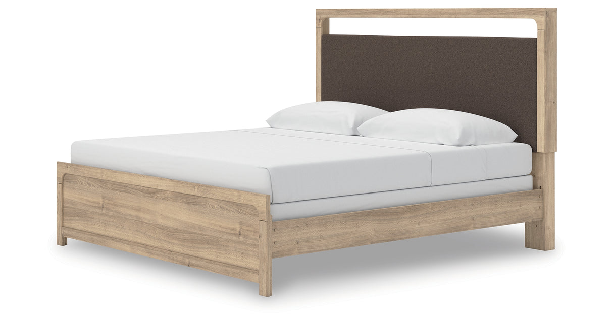 Kinlanni Tan King Upholstered Panel Bed from Ashley Furniture - Luna Furniture