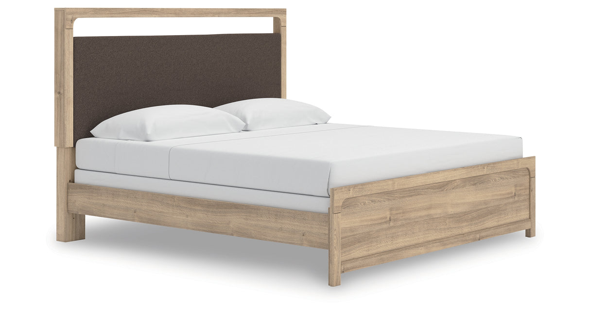 Kinlanni Tan King Upholstered Panel Bed from Ashley Furniture - Luna Furniture