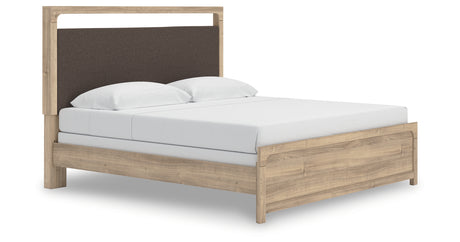 Kinlanni Tan King Upholstered Panel Bed from Ashley Furniture - Luna Furniture