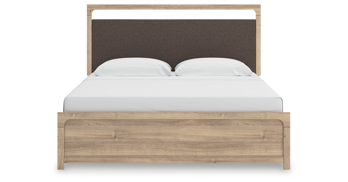 Kinlanni Tan King Upholstered Panel Bed from Ashley Furniture - Luna Furniture