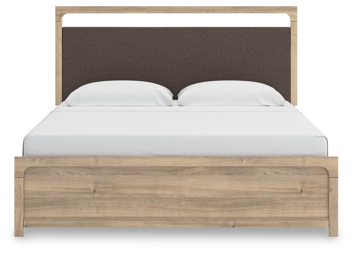Kinlanni Tan King Upholstered Panel Bed from Ashley Furniture - Luna Furniture