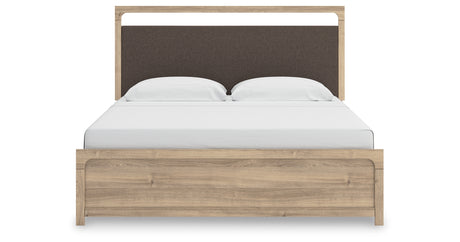Kinlanni King Upholstered Panel Bed with Dresser in Tan from Ashley - Luna Furniture