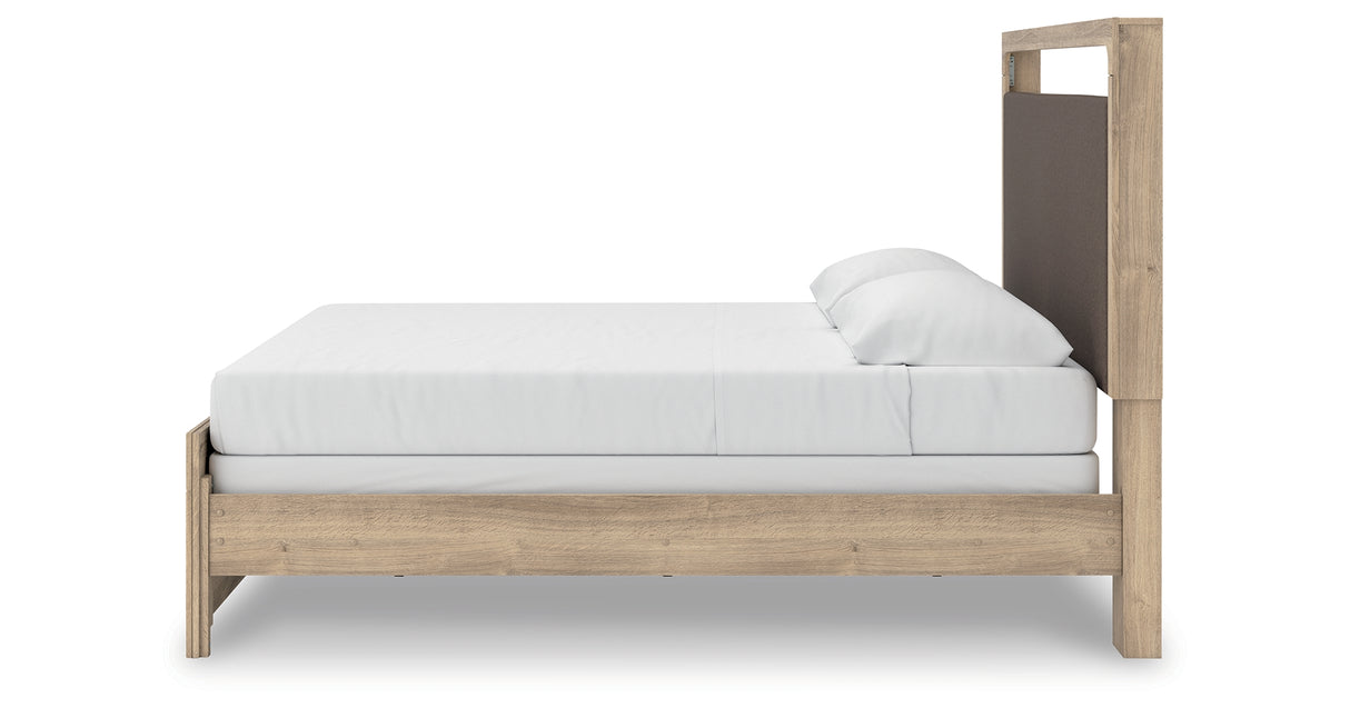 Kinlanni King Upholstered Panel Bed with Mirrored Dresser in Tan from Ashley - Luna Furniture
