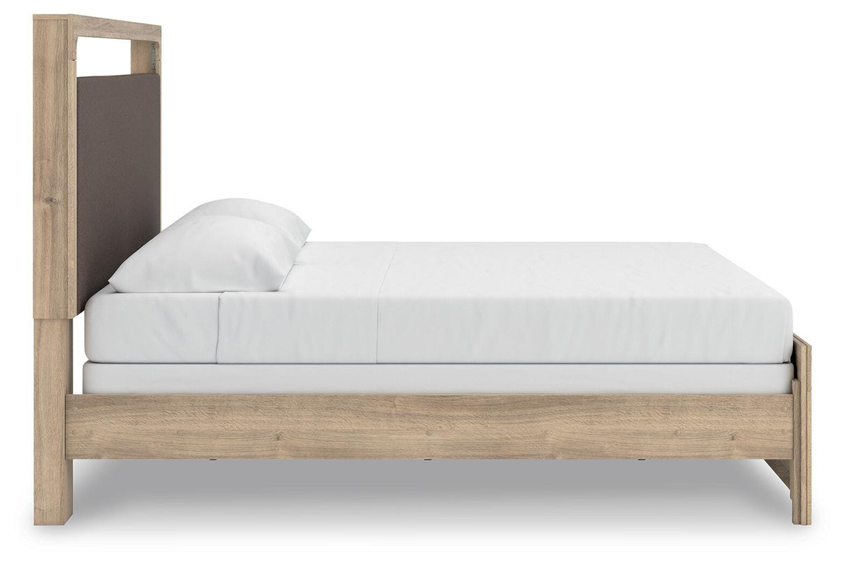 Kinlanni Tan King Upholstered Panel Bed from Ashley Furniture - Luna Furniture