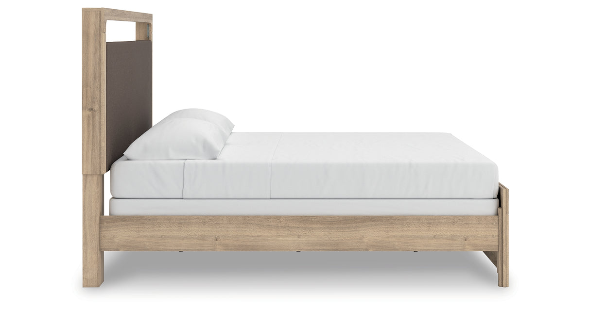 Kinlanni King Upholstered Panel Bed with Mirrored Dresser in Tan from Ashley - Luna Furniture