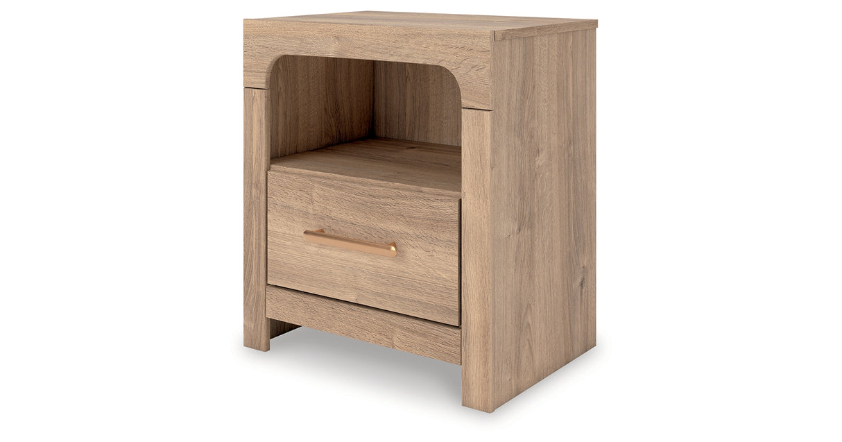 Kinlanni Queen Upholstered Panel Bed with Dresser and Nightstand in Tan from Ashley Furniture - Luna Furniture