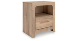 Kinlanni Queen Upholstered Panel Bed with Dresser and Nightstand in Tan from Ashley Furniture - Luna Furniture