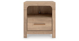 Kinlanni Queen Upholstered Panel Bed with Dresser and Nightstand in Tan from Ashley Furniture - Luna Furniture