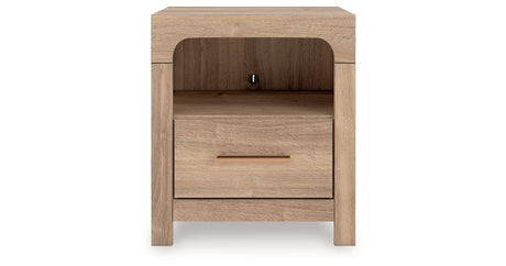 Kinlanni King Upholstered Platform Bed with Dresser and Nightstand in Tan from Ashley Furniture - Luna Furniture