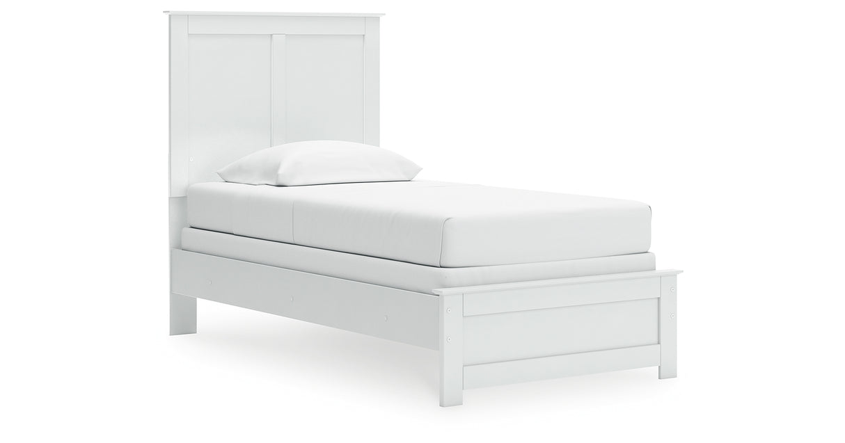 Bostwick Shoals Twin Panel Bed with Mirrored Dresser and Chest in White from Ashley - Luna Furniture