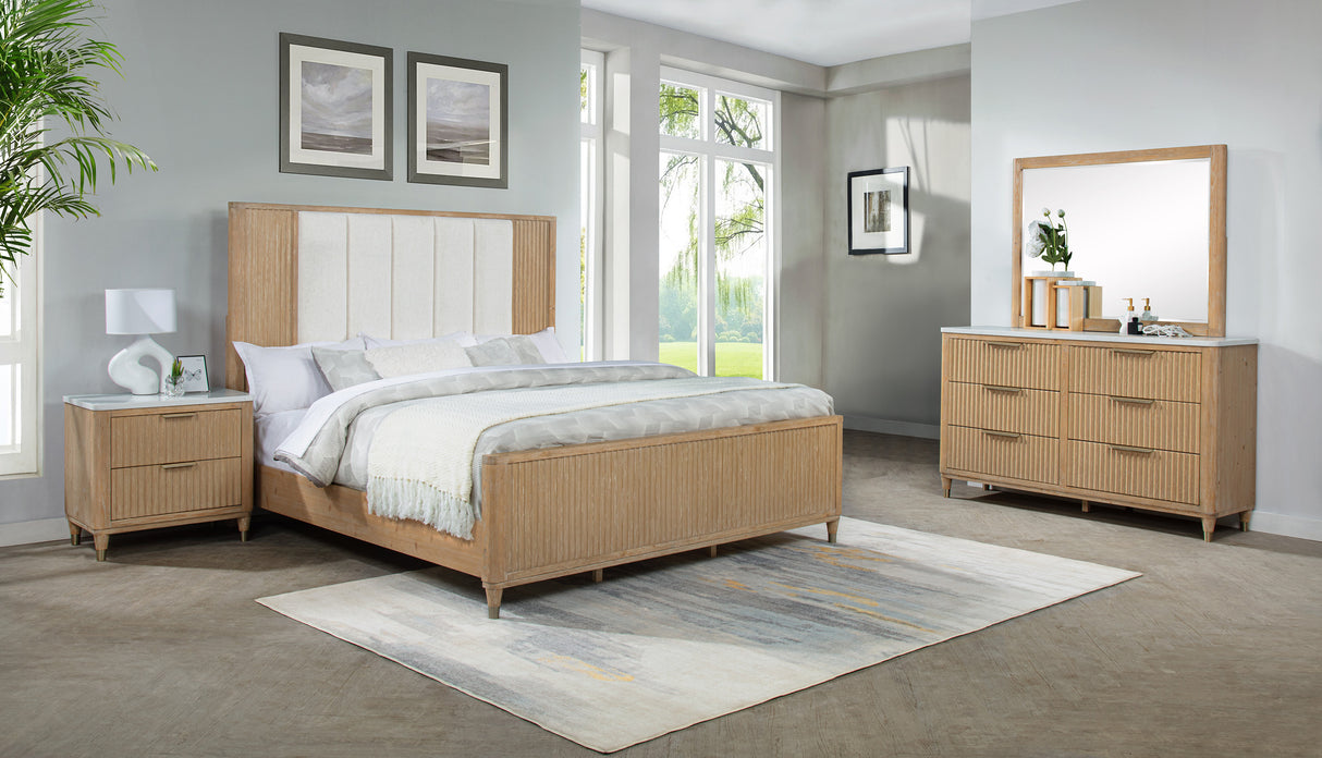 Kara Cerused Natural Upholstered Panel Bedroom Set from Crown Mark - Luna Furniture
