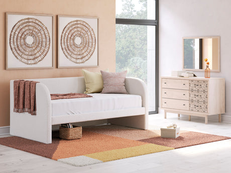 Arloster Tan/White Twin Upholstered Dabed, Dresser and Mirror from Ashley - Luna Furniture