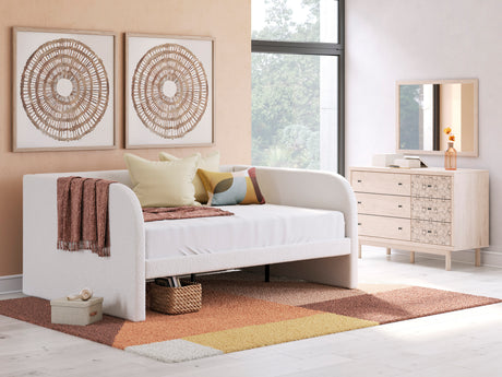 Arloster Tan/White Full Upholstered Daybed, Dresser and Mirror from Ashley - Luna Furniture