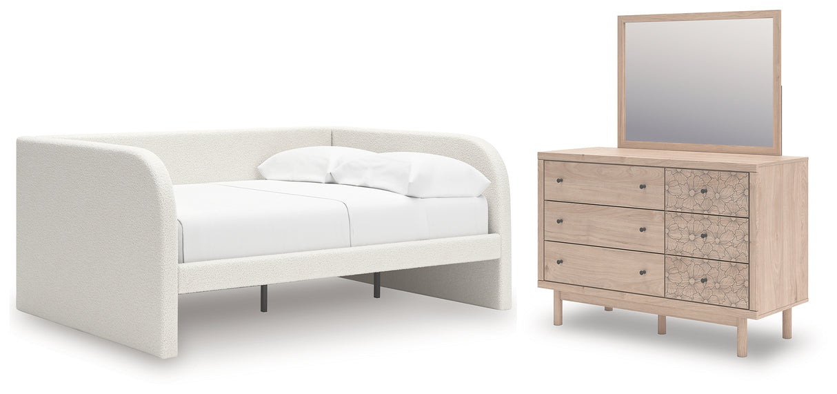 Arloster Full Upholstered Day Bed with Mirrored Dresser in Tan/White from Ashley - Luna Furniture