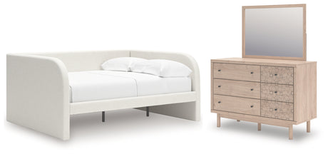 Arloster Full Upholstered Day Bed with Mirrored Dresser in Tan/White from Ashley - Luna Furniture