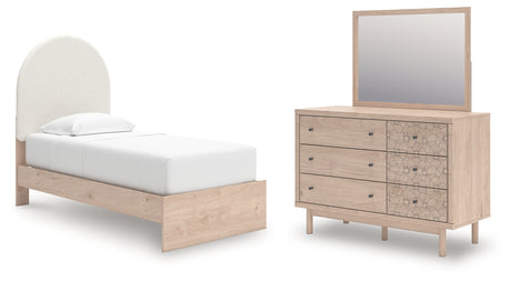 Arloster Twin Upholstered Panel Bed, Dresser and Mirror from Ashley Furniture - Luna Furniture