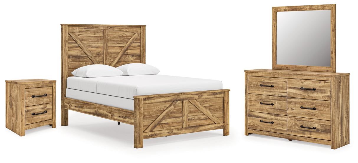 Maystonna Golden Rustic Queen Crossbuck Panel Bed, Dresser, Mirror and Nightstand from Ashley - Luna Furniture