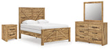 Maystonna Golden Rustic Queen Crossbuck Panel Bed, Dresser, Mirror and Nightstand from Ashley - Luna Furniture