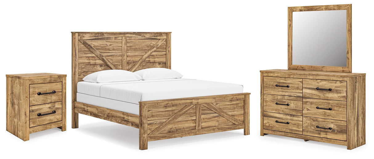 Maystonna Ardenfield Light Brown King Upholstered Sleigh Bed, Dresser, Mirror, Chest and 2 NightstandsKing Crossbuck Panel Bed, Dresser, Mirror and Nightstand from Ashley - Luna Furniture