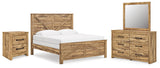 Maystonna Ardenfield Light Brown King Upholstered Sleigh Bed, Dresser, Mirror, Chest and 2 NightstandsKing Crossbuck Panel Bed, Dresser, Mirror and Nightstand from Ashley - Luna Furniture