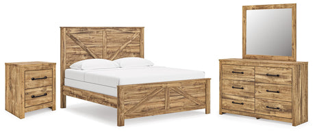 Maystonna Ardenfield Light Brown King Upholstered Sleigh Bed, Dresser, Mirror, Chest and 2 NightstandsKing Crossbuck Panel Bed, Dresser, Mirror and Nightstand from Ashley - Luna Furniture
