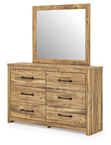 Maystonna Golden Rustic Queen Crossbuck Panel Bed, Dresser, Mirror and Nightstand from Ashley - Luna Furniture