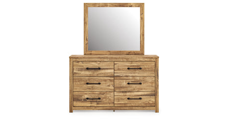 Maystonna Golden Rustic Queen Crossbuck Panel Bed, Dresser, Mirror and Nightstand from Ashley Furniture - Luna Furniture