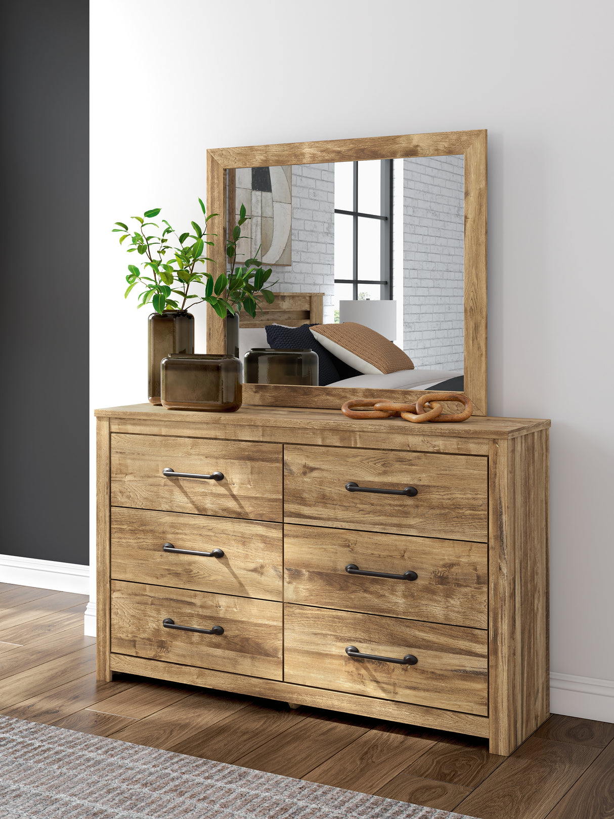 Maystonna Golden Rustic Queen Crossbuck Panel Bed, Dresser, Mirror and Nightstand from Ashley - Luna Furniture