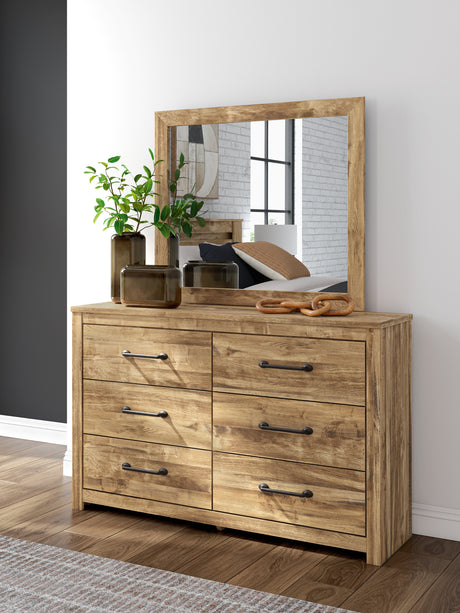 Maystonna Golden Rustic Queen Crossbuck Panel Bed, Dresser, Mirror and Nightstand from Ashley Furniture - Luna Furniture