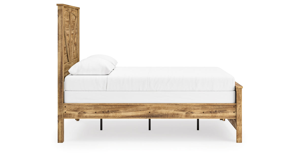 Maystonna Tan Queen Crossbuck Panel Bed, Dresser and Mirror from Ashley Furniture - Luna Furniture