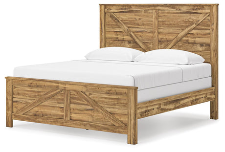 Maystonna Ardenfield Light Brown King Upholstered Sleigh Bed, Dresser, Mirror, Chest and 2 NightstandsKing Crossbuck Panel Bed, Dresser, Mirror and Nightstand from Ashley - Luna Furniture