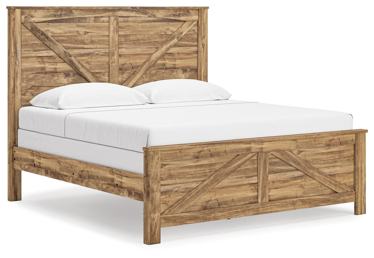 Maystonna Ardenfield Light Brown King Upholstered Sleigh Bed, Dresser, Mirror, Chest and 2 NightstandsKing Crossbuck Panel Bed, Dresser, Mirror and Nightstand from Ashley - Luna Furniture