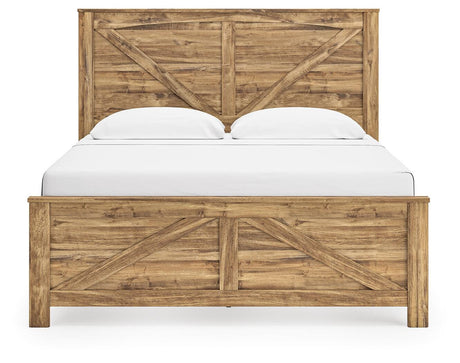 Maystonna Ardenfield Light Brown King Upholstered Sleigh Bed, Dresser, Mirror, Chest and 2 NightstandsKing Crossbuck Panel Bed, Dresser, Mirror and Nightstand from Ashley - Luna Furniture