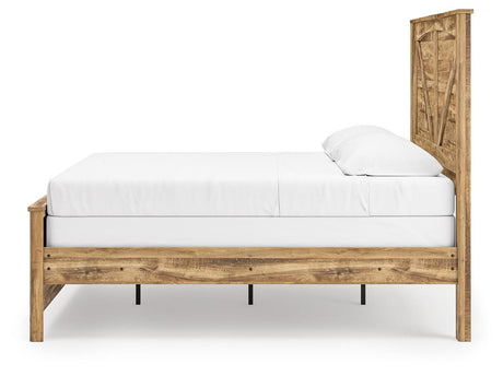 Maystonna Ardenfield Light Brown King Upholstered Sleigh Bed, Dresser, Mirror, Chest and 2 NightstandsKing Crossbuck Panel Bed, Dresser, Mirror and Nightstand from Ashley - Luna Furniture