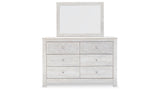 Paxberry King Panel Bed with Mirrored Dresser and Chest in Whitewash from Ashley - Luna Furniture