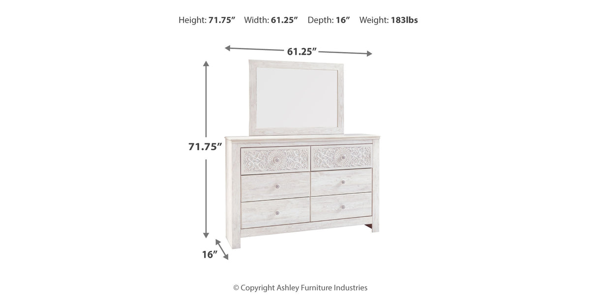 Paxberry Queen Panel Bed with Mirrored Dresser, Chest and 2 Nightstands in Whitewash from Ashley Furniture - Luna Furniture
