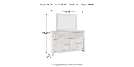 Paxberry Queen Panel Bed with Mirrored Dresser, Chest and 2 Nightstands in Whitewash from Ashley - Luna Furniture