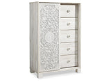 Paxberry Queen Panel Bed with Mirrored Dresser and Chest in Whitewash from Ashley - Luna Furniture
